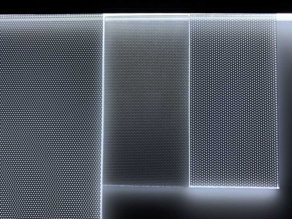 PMMA light guide with uniform illumination featuring different dotting styles