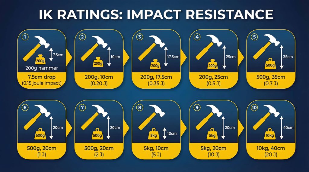 IK ratings impact resistance chart for plastics and LED lighting enclosures