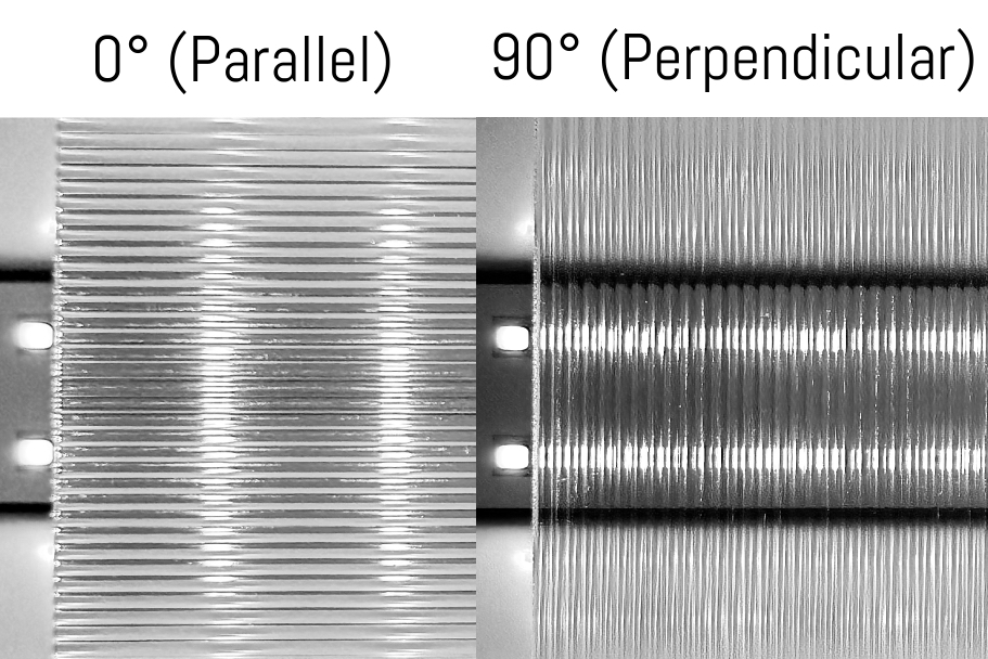 Plexi linear prismatic sheet illuminated by LED, showing perpendicular and parallel orientations for uniform lighting