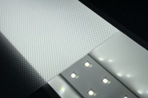 Opal microprismatic sheet for low-glare and uniform LED lighting.