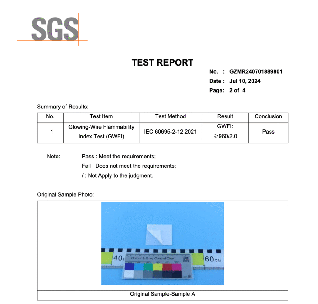 Glow-Wire Flammability Index (GWFI) test report for polycarbonate products