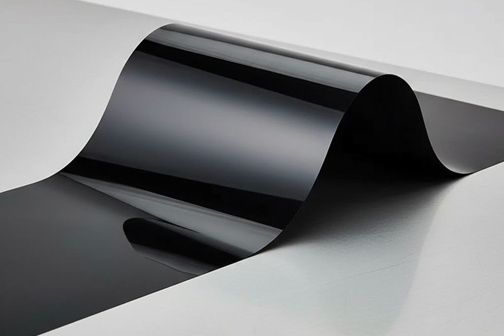 High-gloss black PET light shielding film unrolled on a clean white surface showing flexibility and mirror-like finish