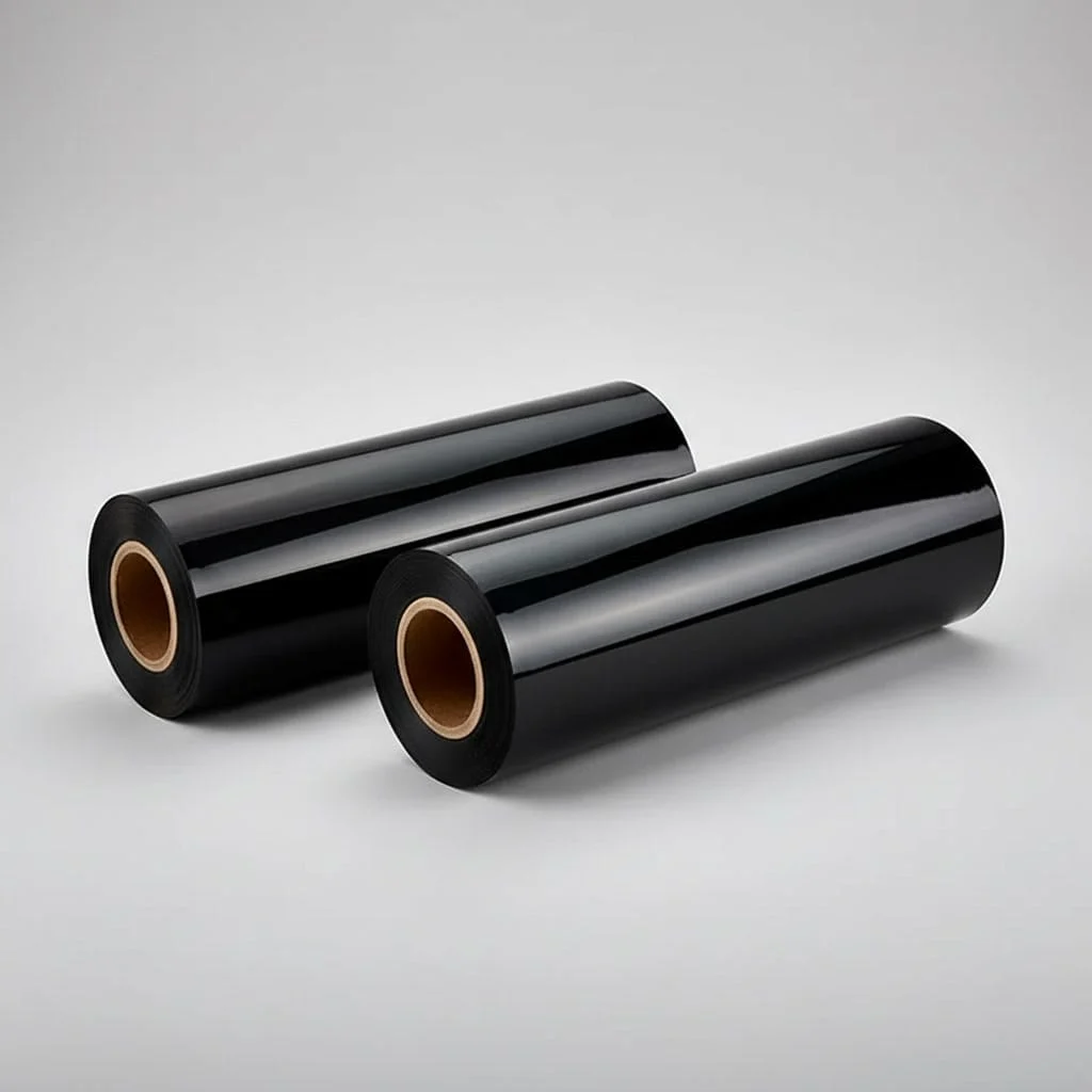 Two rolls of high-gloss black PET light blocking film on a clean studio background