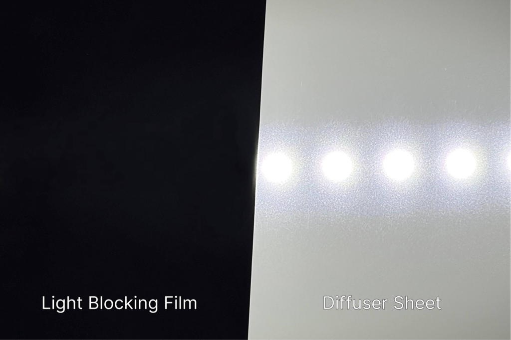 Comparative test showing 99.9% light absorption of a PET-based light blocking film against a standard shading tape.